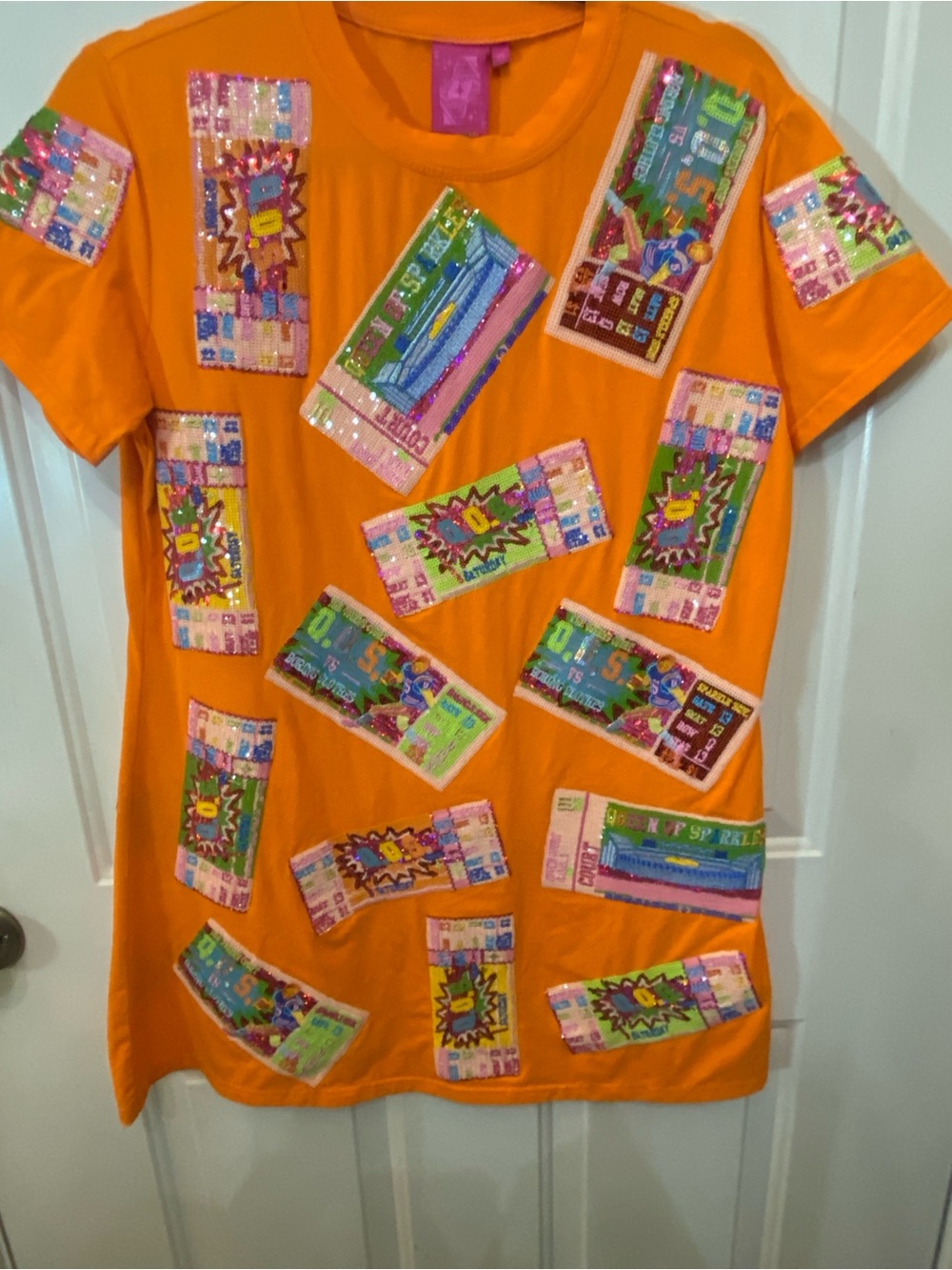 QOS Women’s Orange Graphic Ticket Patch Tee dress mini NWOT